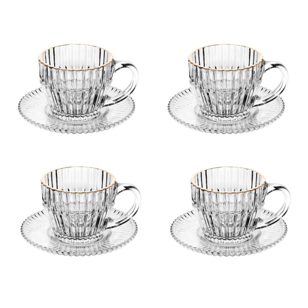 Cj 4 Xícaras P/Café C/Pires de Cristal Canelado Imperatriz Transparente C/Fio de Ouro 110ml Wolff