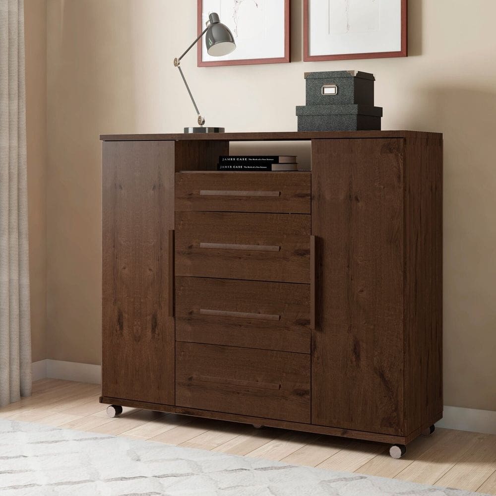 Cômoda Sapateira 2 Portas 4 Gavetas Versátil Jacarandá