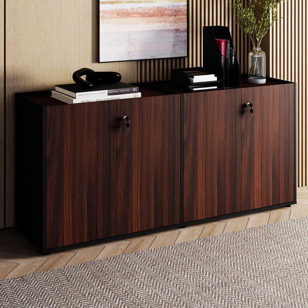 Armário Baixo 158,5cm Duplo com 4 Portas Tampo Embutido Corporate Nogal / Preto