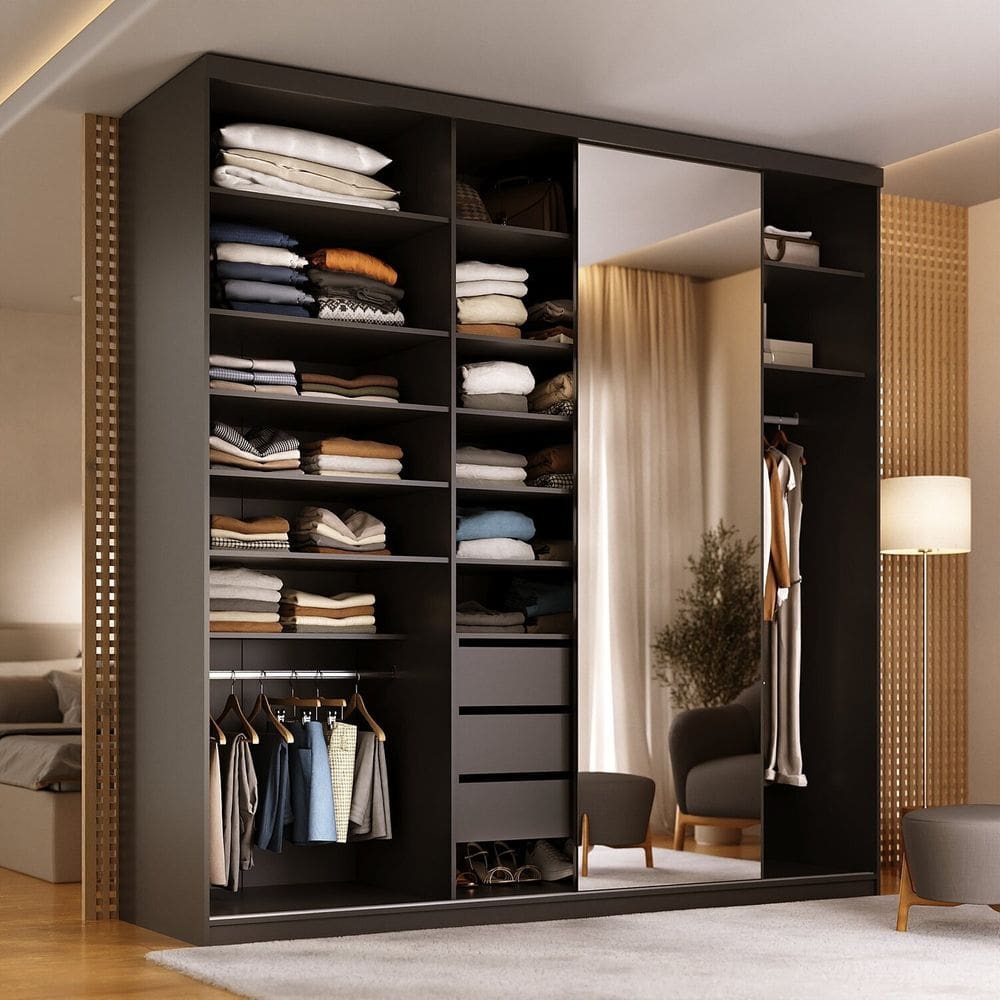 Guarda-roupa Closet Casal 100% Mdf Bp 208cm com 1 Porta Espelho 3 Gavetas Sion Preto