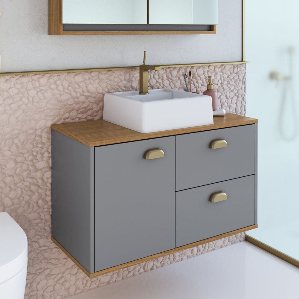Gabinete de Banheiro 80cm 100% Mdf com 1 Porta e 2 Gavetas com Cuba Lívia Freijó/Urbi