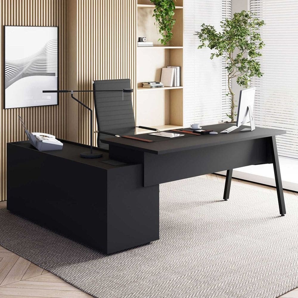 Mesa L Diretor 180cm com Armário Lateral Tampo Chanfrado Pés em Metal Industrial Executive Preto