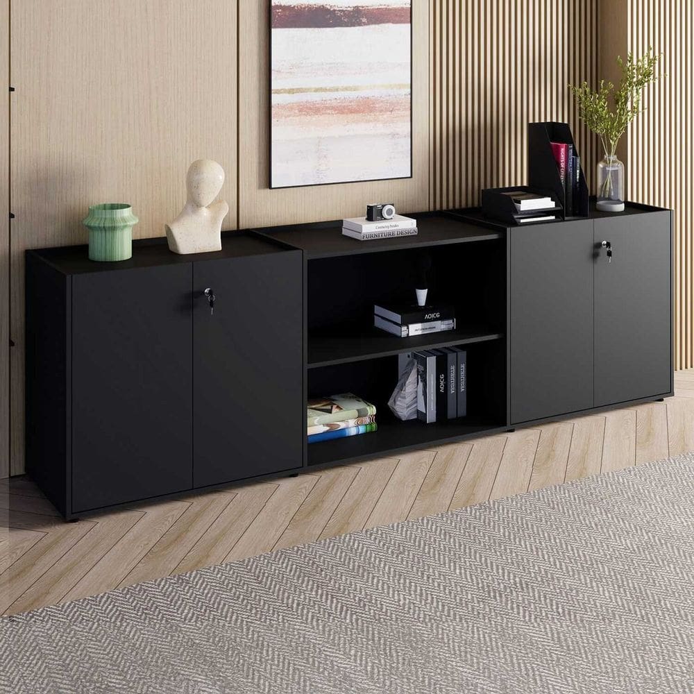 Armário para Escritório 240cm com 4 Portas Nicho e Tampo Embutido Corporate Preto