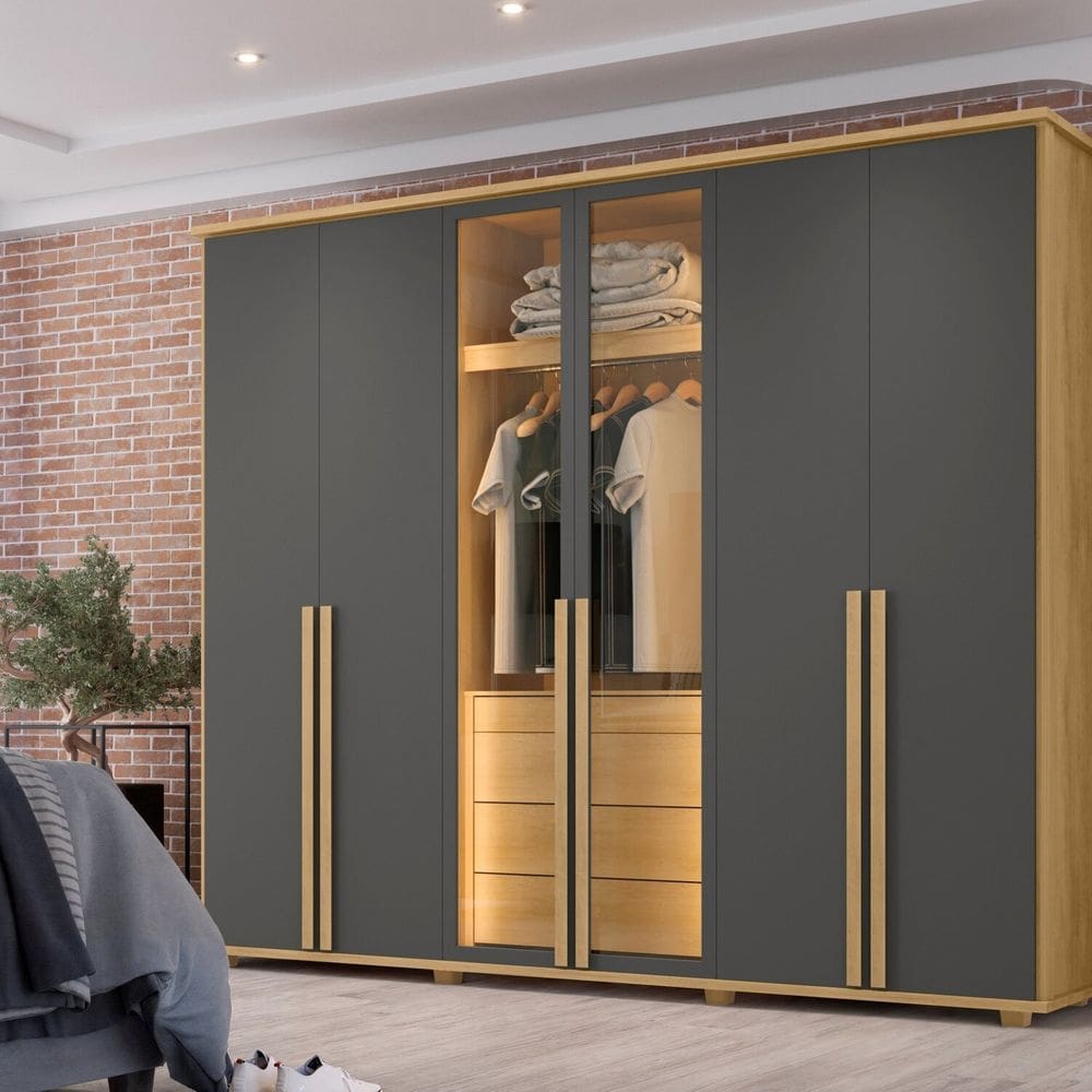 Guarda-roupa Casal 6 Portas 5 Gavetas com Corrediças Telescópicas Nichos e Iluminação Led Bélgica Cinamomo/Grafite