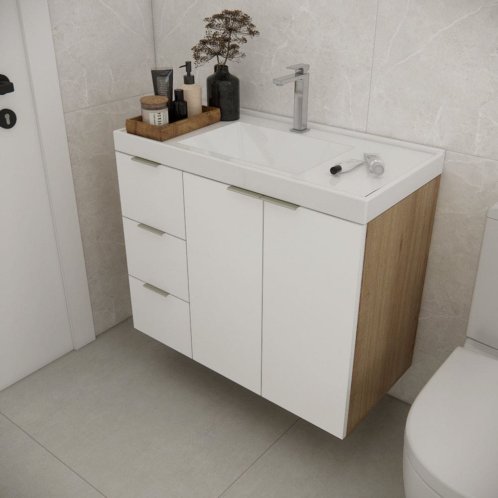 Gabinete de Banheiro com Cuba 79,6cm Gaveta Esquerda Vittare Carvalho/Branco