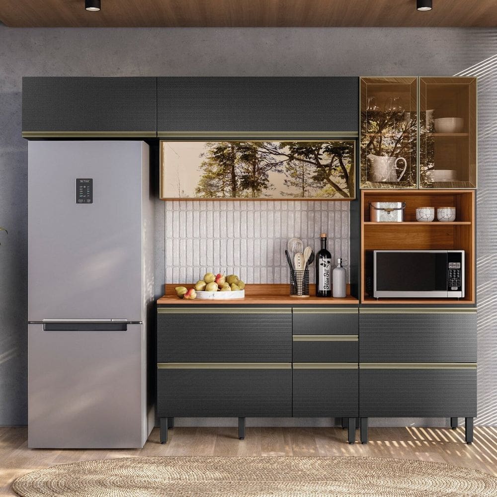 Cozinha Completa com Aéreo 4 Peças Mdf Proença Nogueira/Carbono Prime