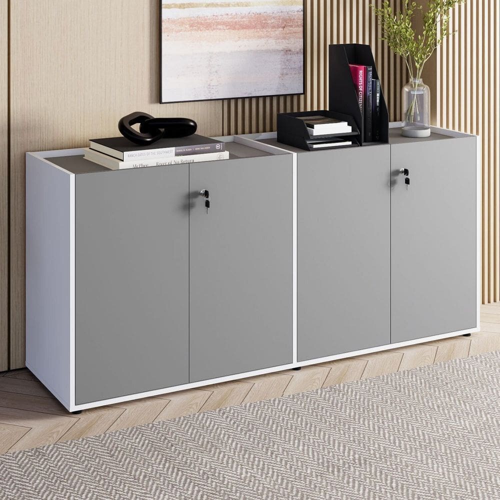 Armário Baixo 158,5cm Duplo com 4 Portas Tampo Embutido Corporate Cinza Sagrado / Branco