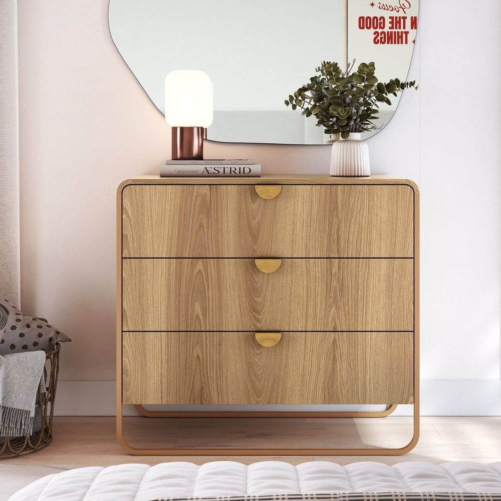 Cômoda 3 Gavetas 90cm Orgânico Pé Metal Luna Hanover/Dourado