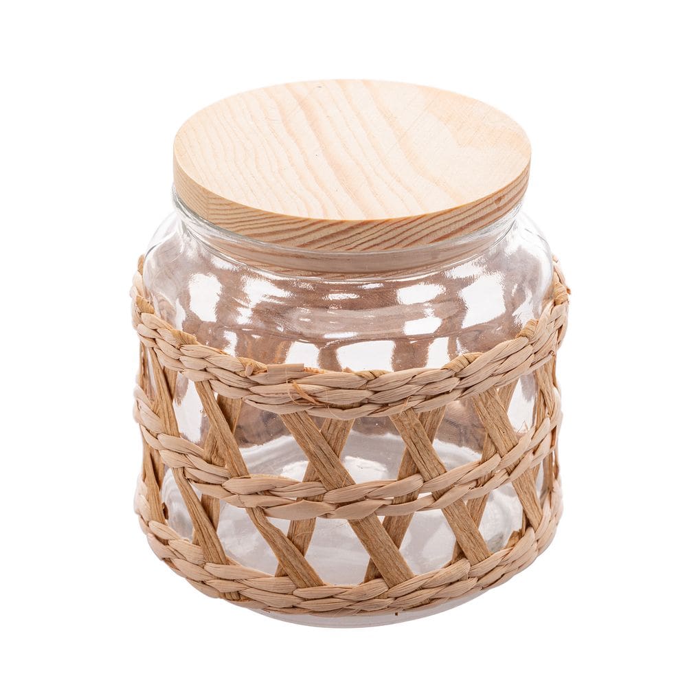 Pote Porta Mantimentos de Vidro Decorado C/Sisal e Tampa Hermética de Madeira 520ml Wolff