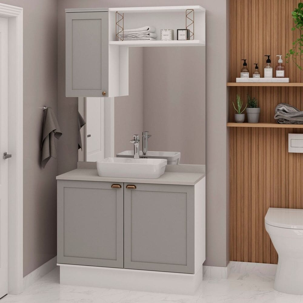 Conjunto de Banheiro Modulado 100% Mdf Americano 3 Peças Iluminata Branco/Cinza/Cinza