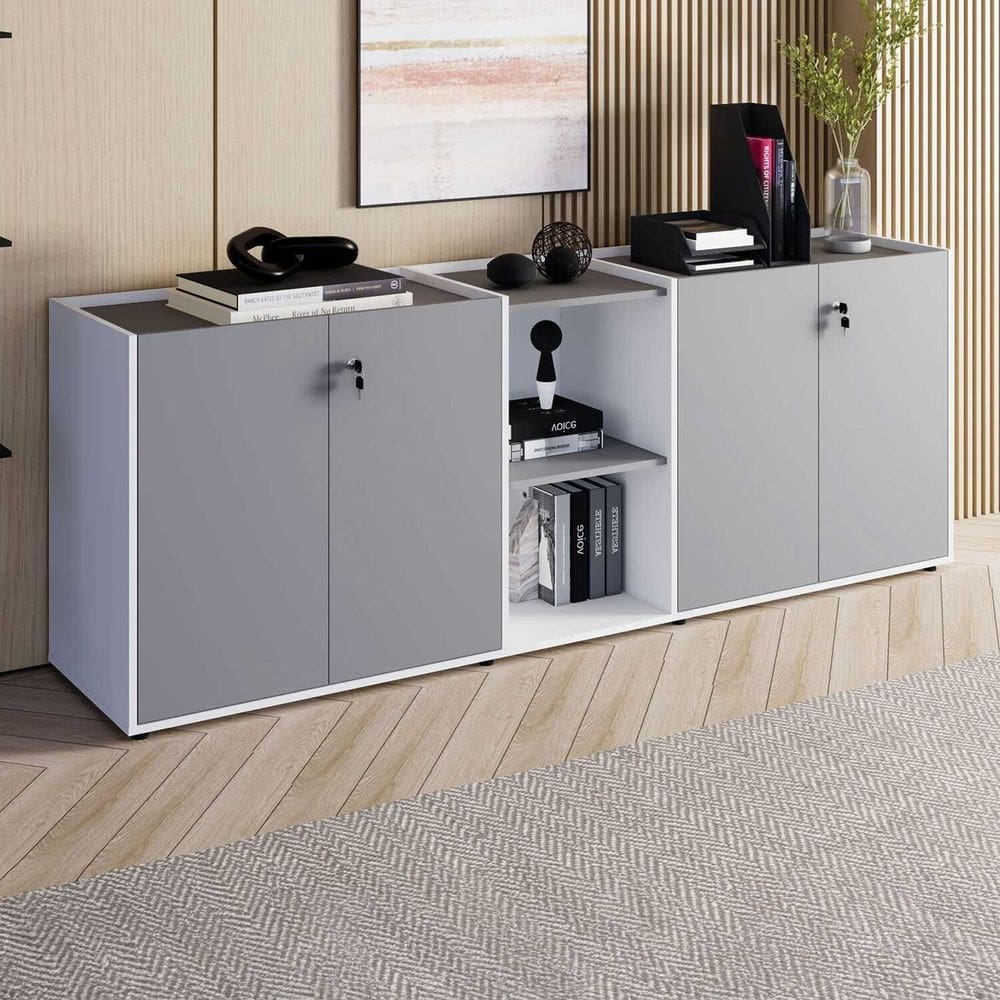 Armário para Escritório 200cm com 4 Portas Tampo Embutido e Nicho Corporate Cinza Sagrado/Branco