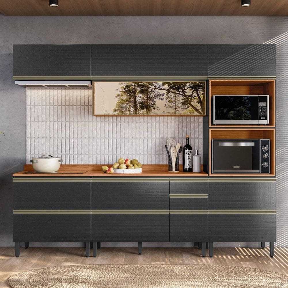 Cozinha Completa com Aéreo 5 Peças Mdf Proença Nogueira/Carbono Prime