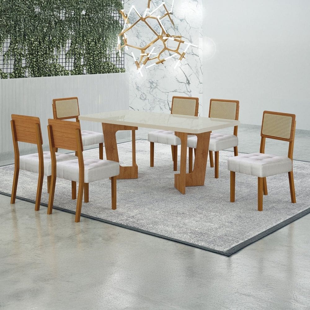 Conjunto Sala de Jantar Mesa 160cm Tampo de 4 Cm com 6 Cadeiras Liz Cinamomo/Off White