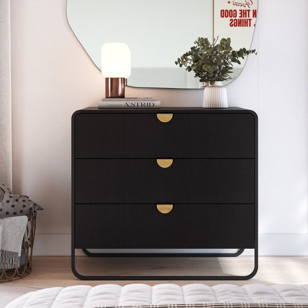 Cômoda 3 Gavetas 90cm Orgânico Pé Metal Luna Nero/Preto