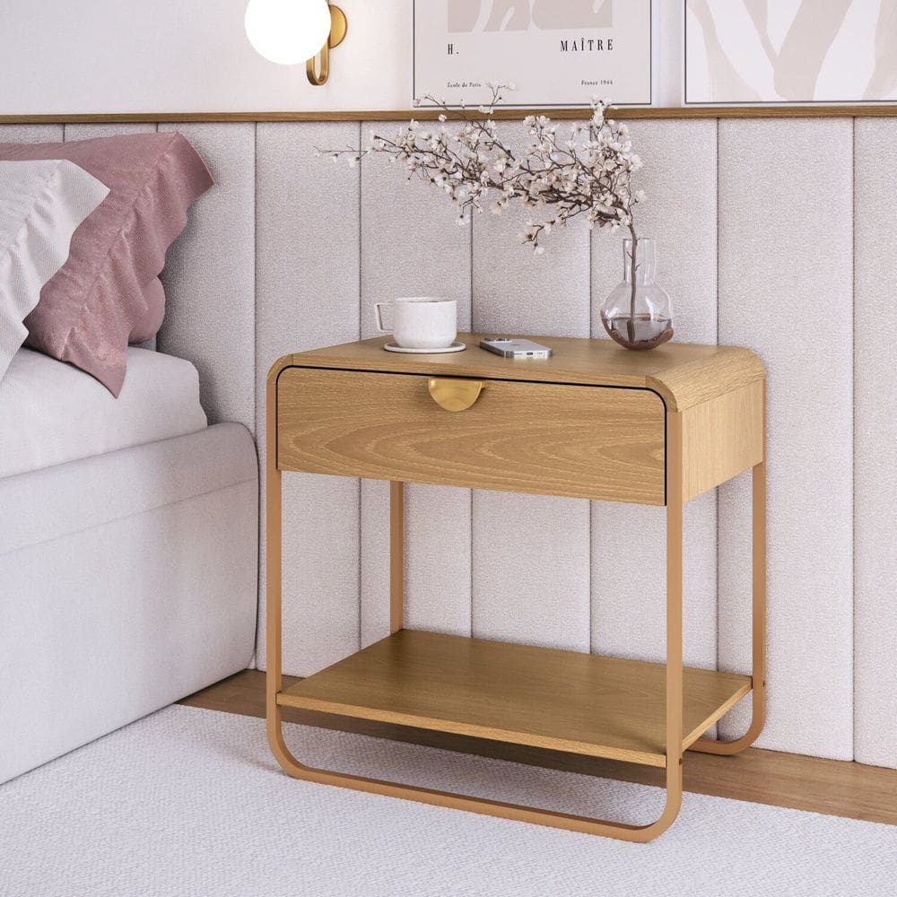Mesa de Cabeceira 60cm 1 Gaveta Orgânica Pé Metal Luna Hanover/Dourado