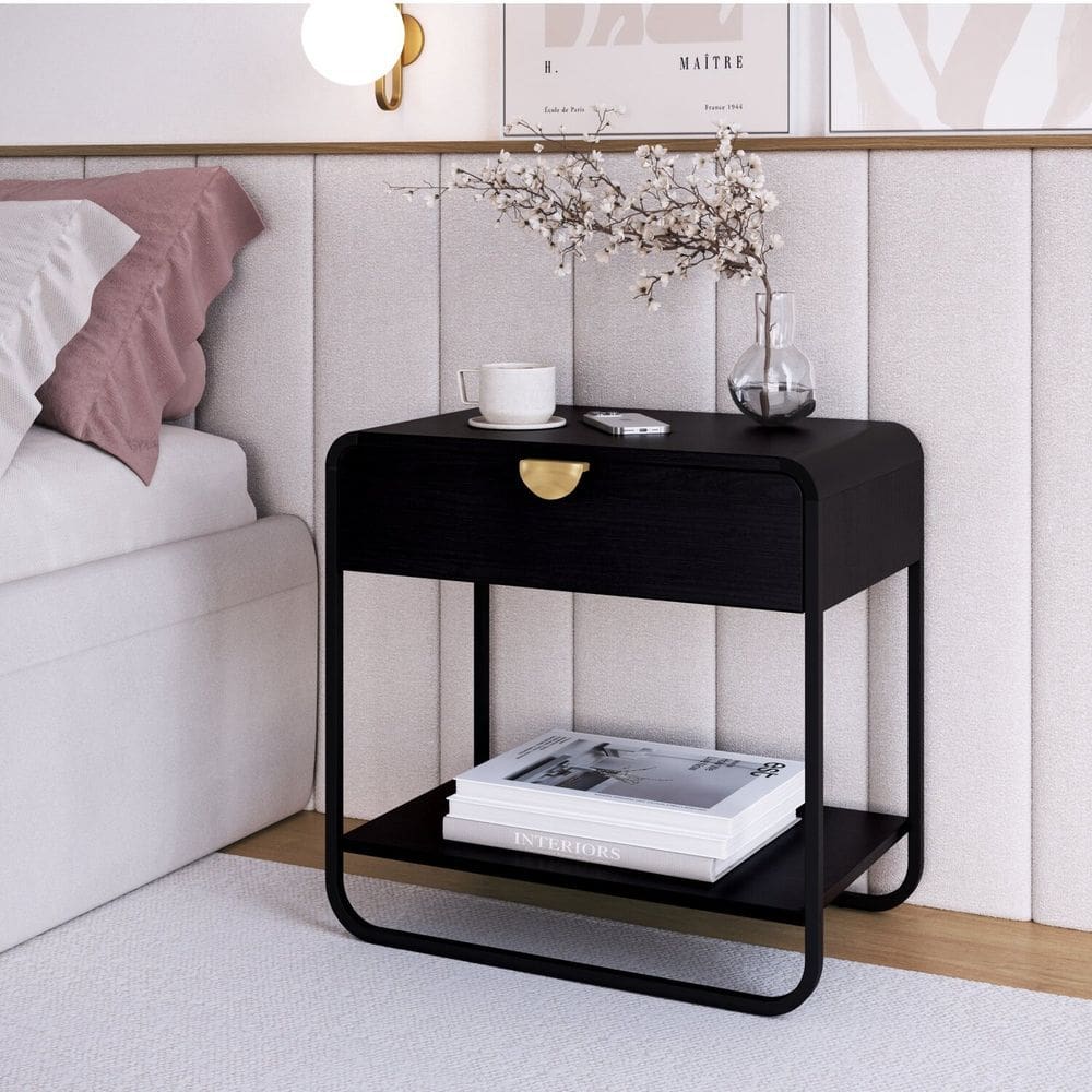 Mesa de Cabeceira 60cm 1 Gaveta Orgânica Pé Metal Luna Nero/Preto