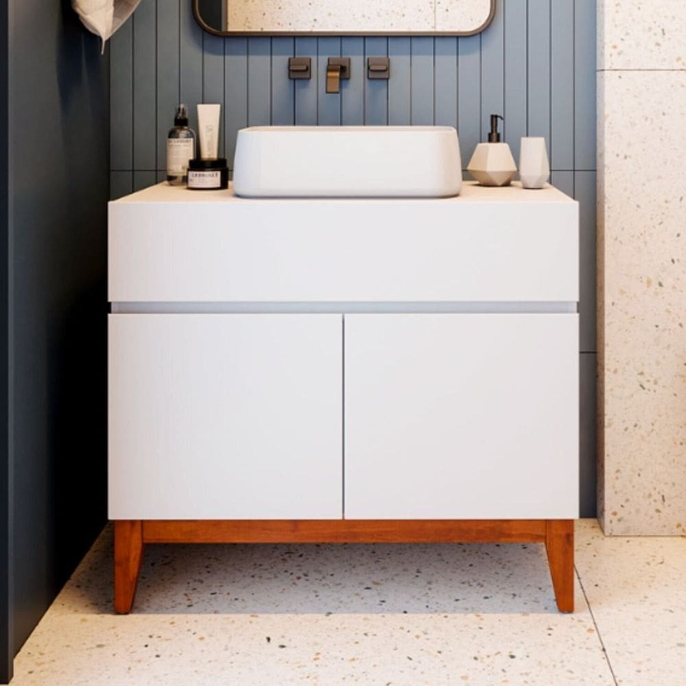 Gabinete para Banheiro em Madeira Maciça e Mdf Fresh Branco / Imbuia