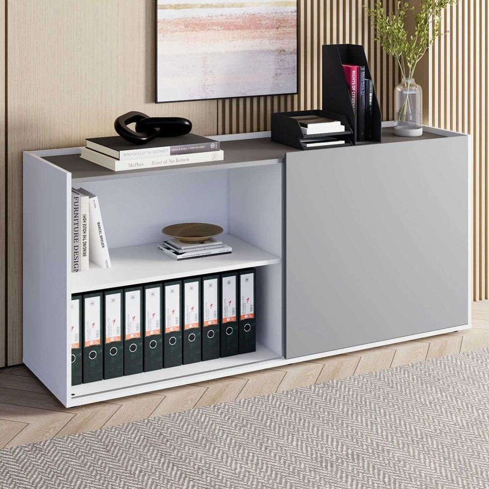 Armário Baixo 158,5cm Porta de Correr e 2 Nichos em Mdp com Puxadores Metálicos Corporate Cinza Sagrado / Branco