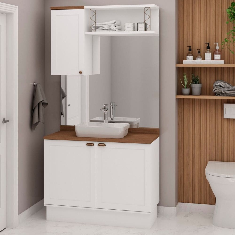 Conjunto de Banheiro Modulado 100% Mdf Americano 3 Peças Iluminata Branco/Ébano