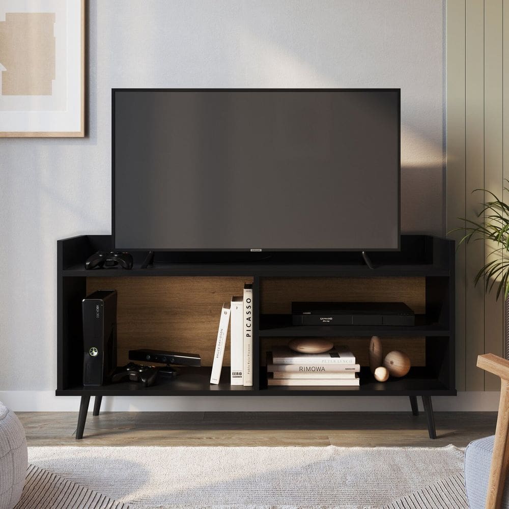 Rack Retro para Tv 50 Polegadas com 2 Prateleira Sala Preto/Mel