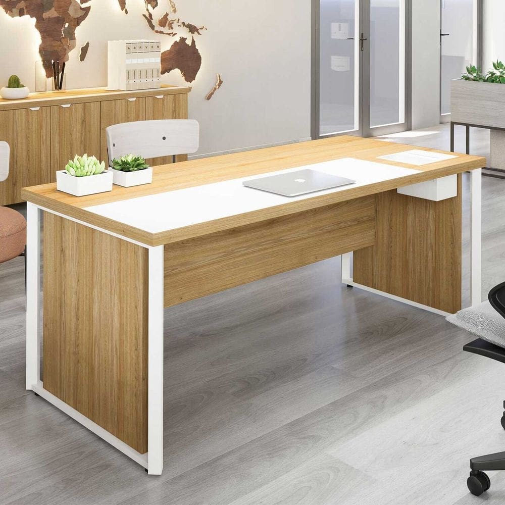 Mesa de Escritório 180cm Diretor com Caixa de Tomadas e Porta Objetos Corporate Macadâmia/Branco