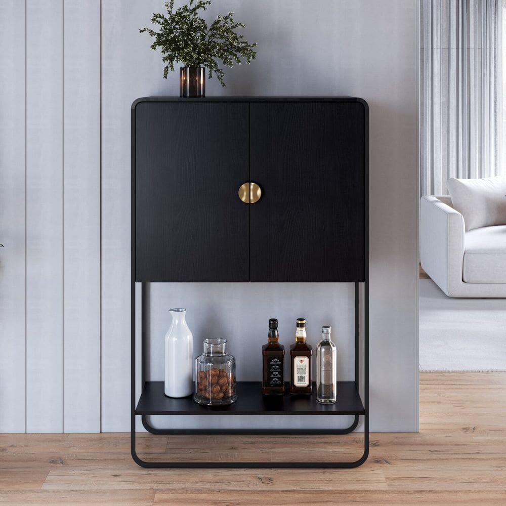 Balcão Bar 2 Portas 90cm Orgânico Pé Metal Luna Nero/Preto