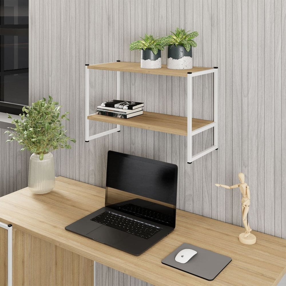 Nicho de Parede para Escritório 63cm X 28cm com 2 Prateleiras Industrial Executive Macadâmia/Branco