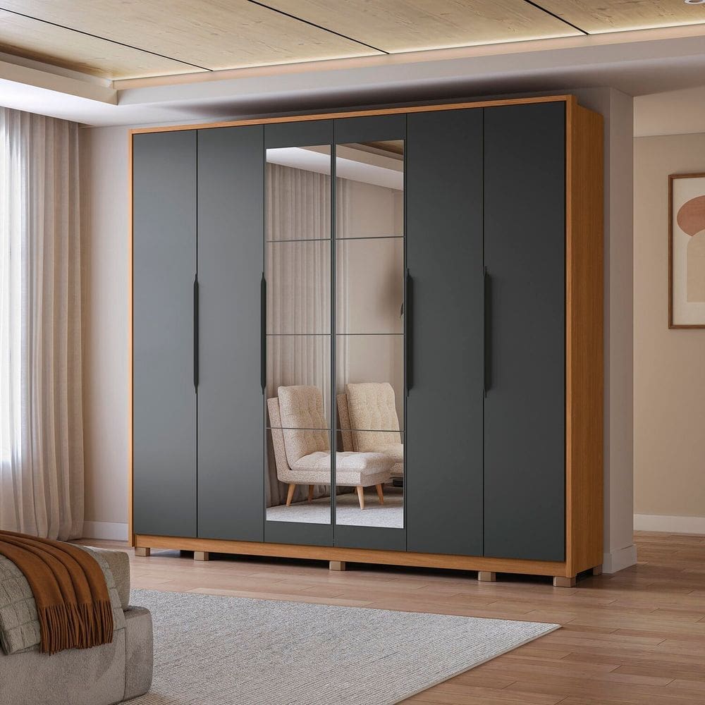 Guarda-roupa 6 Portas e 4 Gavetas com Espelhos e Pés Dormitorio Open Canela/Grafite
