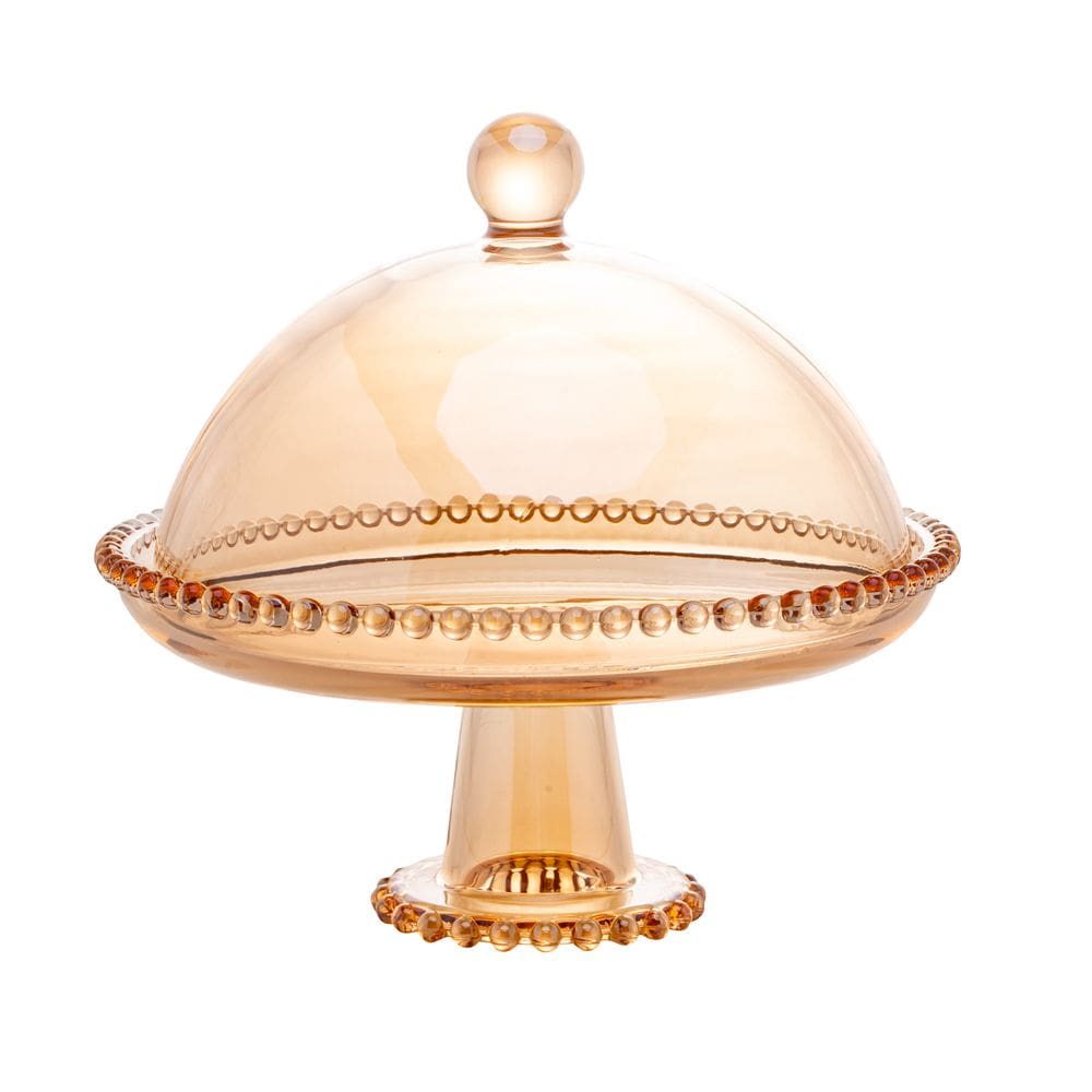 Prato de Cristal C/Pé e Tampa Para Bolo/Doces Pearl Bolinha Âmbar 20x18cm Wolff