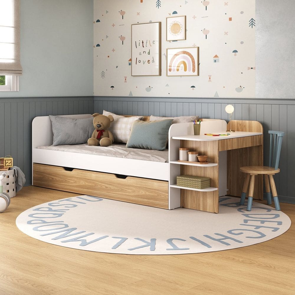 Cama de Solteiro Funcional Infantil com Escrivaninha e Cama Auxiliar 100% Mdf Premium Helena Branco/ Louro Freijó Grann