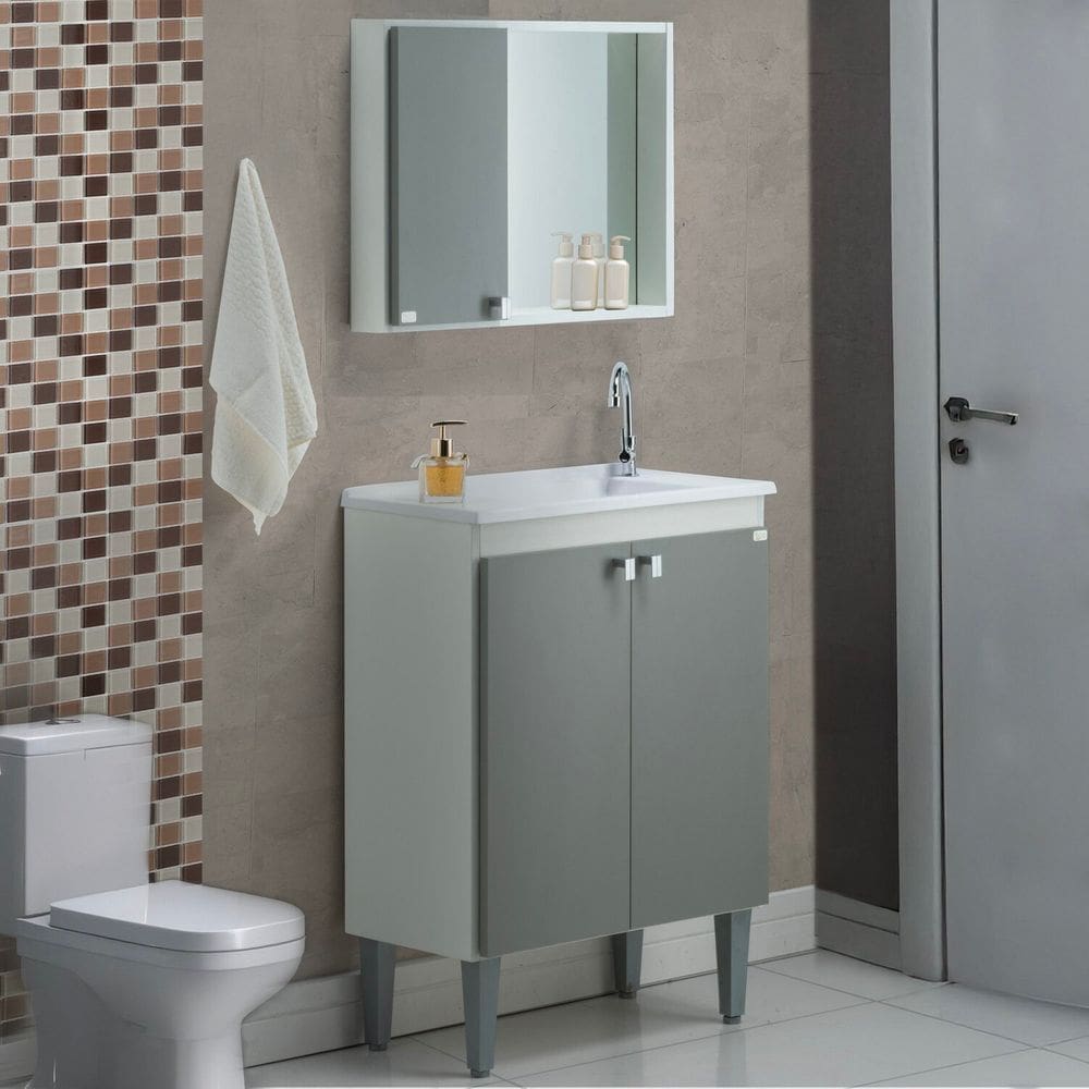 Gabinete e Espelheira Dia a Dia Funcional 60 Cm para Embutir Combate Cinza/Branco