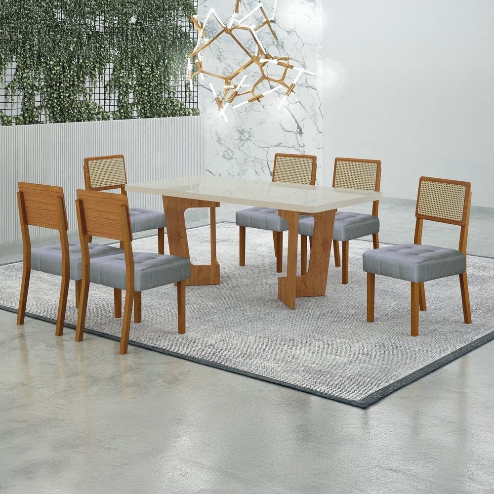 Conjunto Sala de Jantar Mesa 160cm Tampo de 4 Cm com 6 Cadeiras Liz Cinamomo/Off White