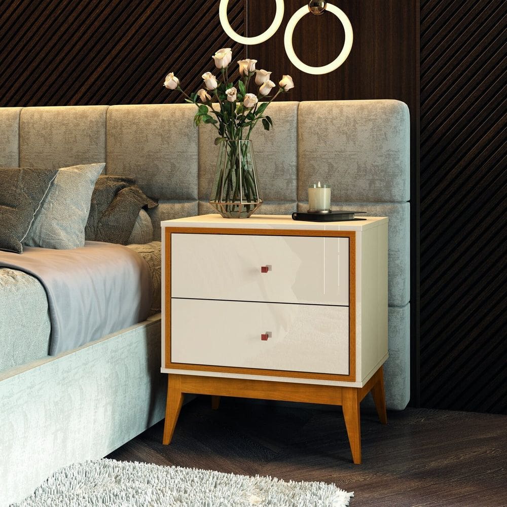 Mesa de Cabeceira com Duas Gavetas Lucca Off White/Cedro