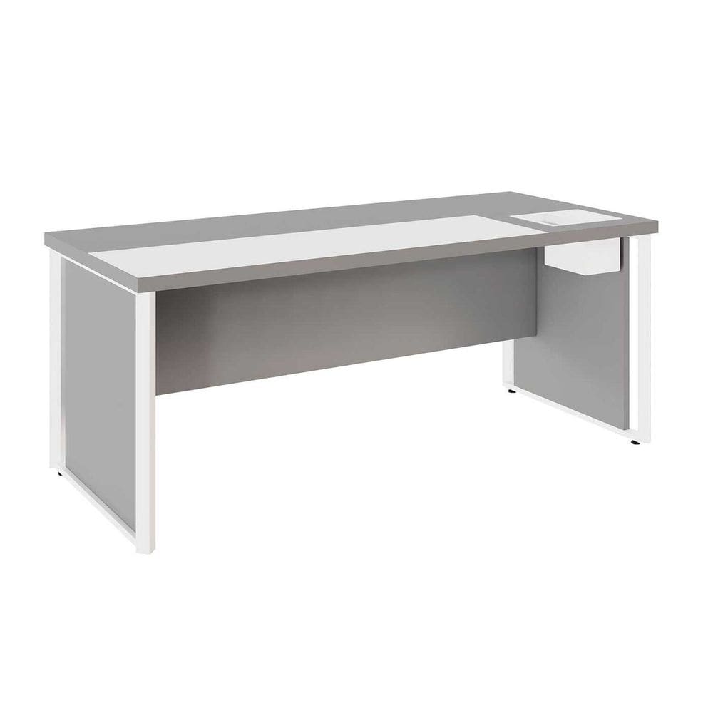 Mesa de Escritório 180cm Diretor com Caixa de Tomadas e Porta Objetos Corporate Cinza Sagrado / Branco