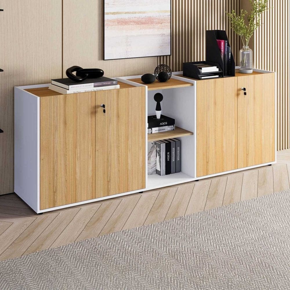 Armário para Escritório 200m com 4 Portas Tampo Embutido e Nicho Corporate Macadâmia/Branco
