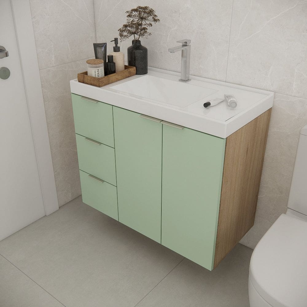 Gabinete de Banheiro sem Cuba 79,6cm Gaveta Esquerda Vittare Carvalho/Verde