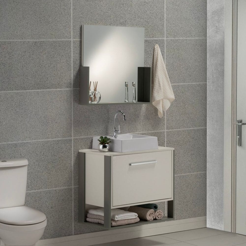 Gabinete e Espelheira 90cm Inspira Design Cinza/Branco