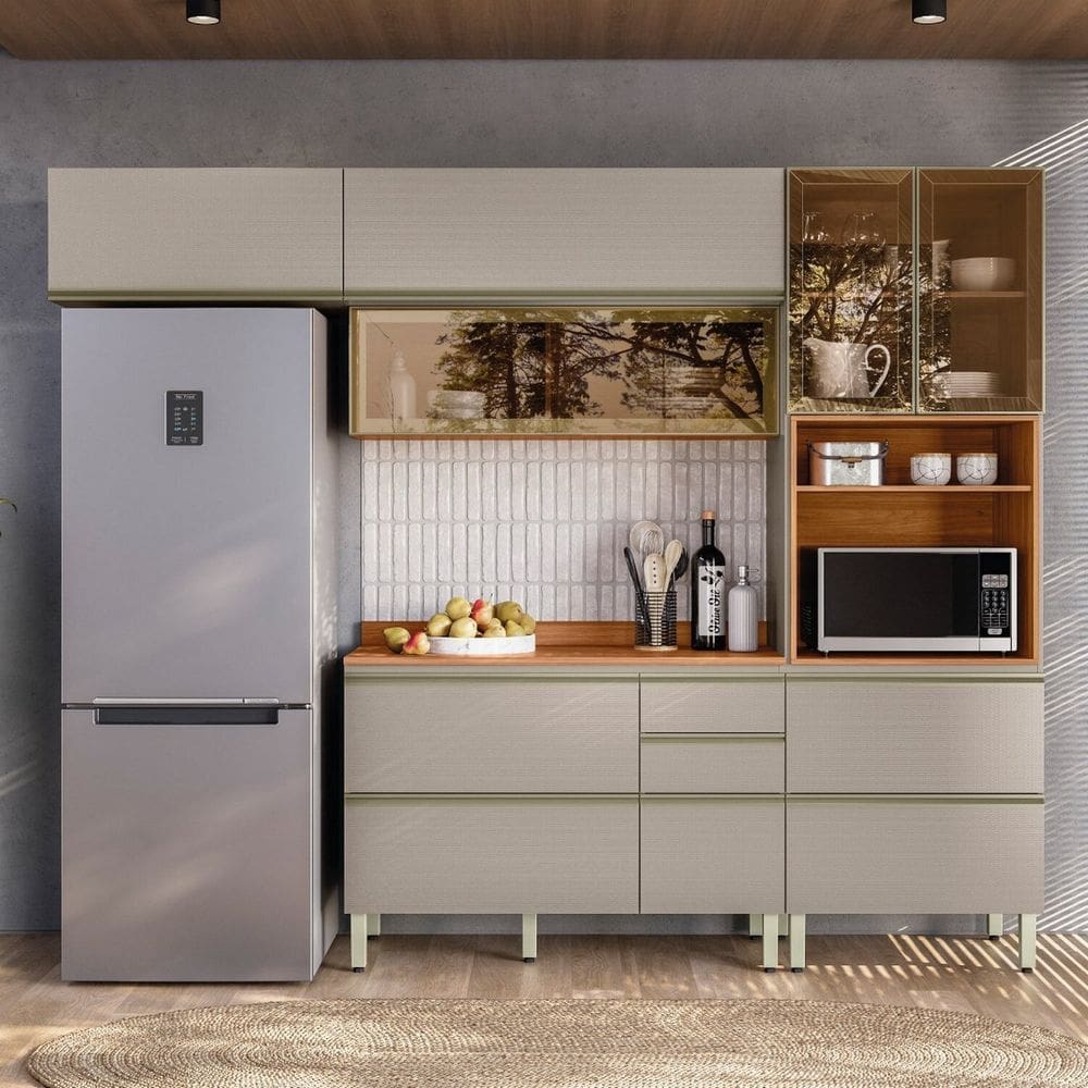 Cozinha Completa com Aéreo4 Peças Mdf Proença Nogueira/Nude Prime