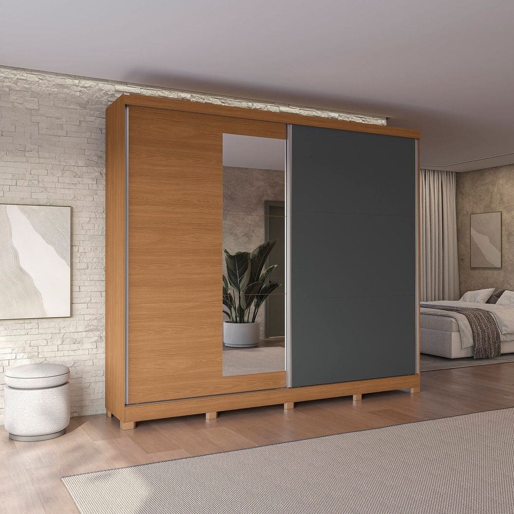 Guarda-roupa 2 Portas de Correr e 4 Gavetas com Espelhos e Pés Dormitorio Bigger Lo Canela/Grafite
