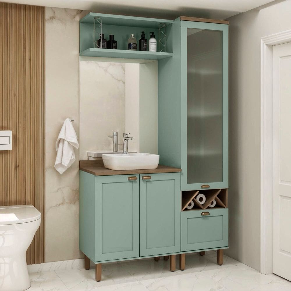 Conjunto de Banheiro Modulado 100% Mdf Americano 3 Peças com Armário de Vidro Iluminata Verde Mint/Ébano Fosco