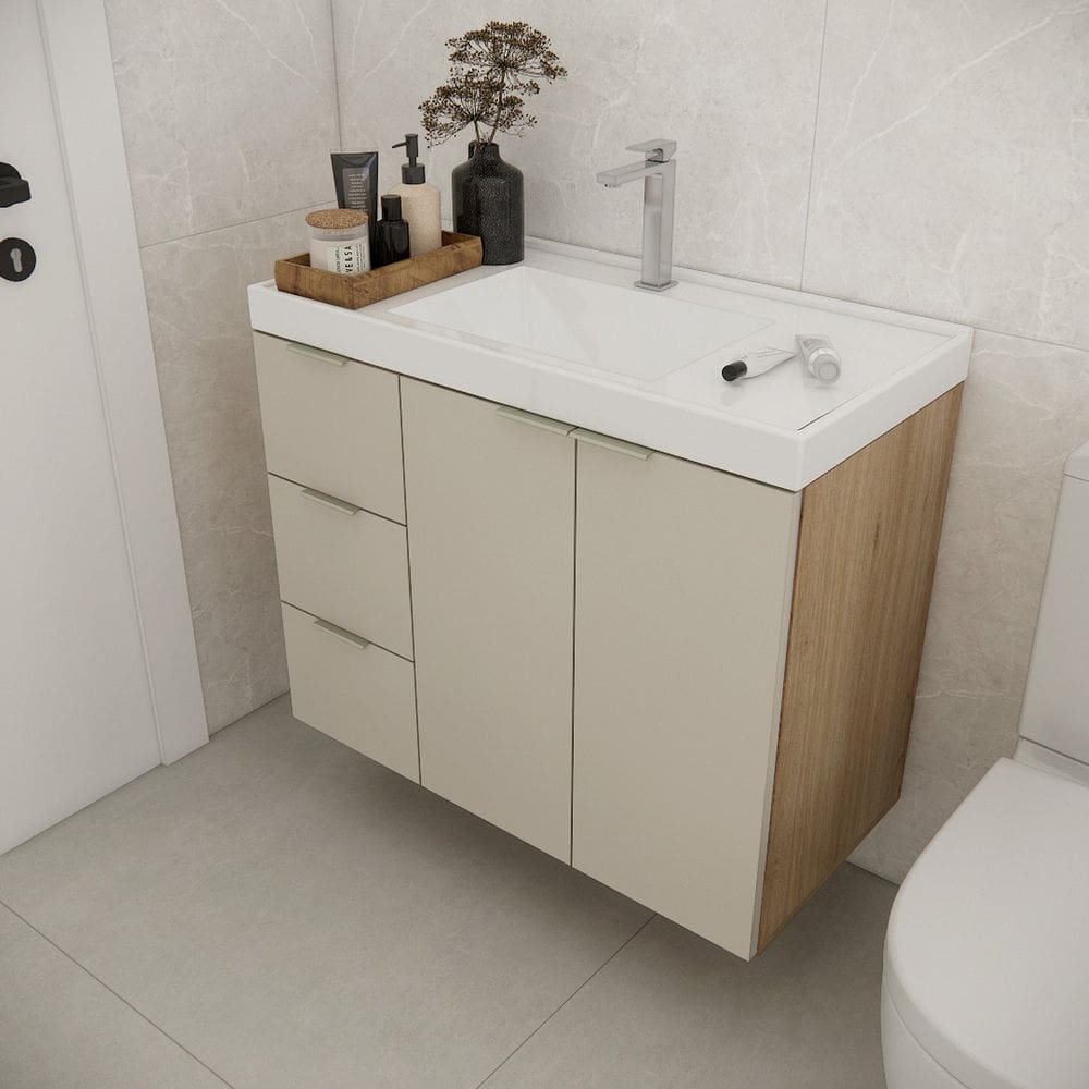 Gabinete de Banheiro sem Cuba 79,6cm Gaveta Esquerda Vittare Carvalho/Nude