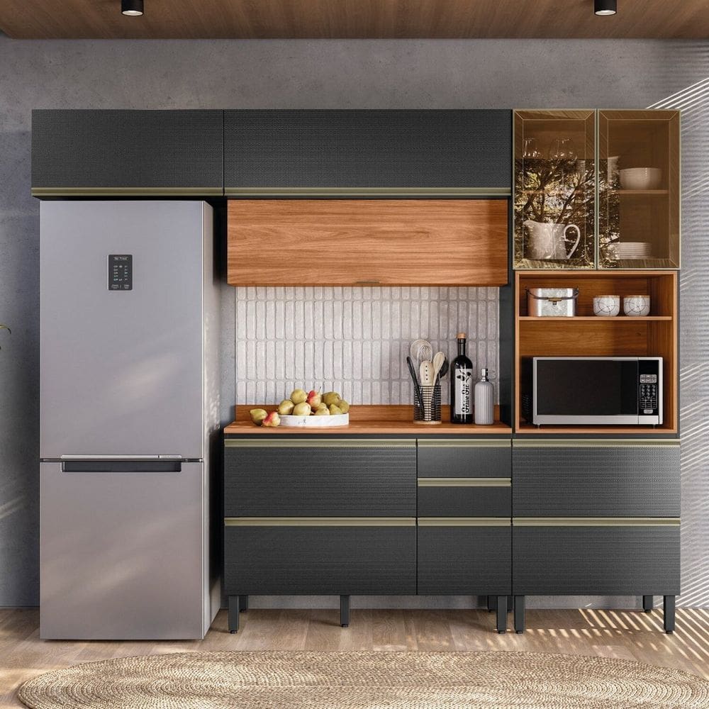 Cozinha Completa com Aéreo 4 Peças Mdf Proença Nogueira/Carbono Prime