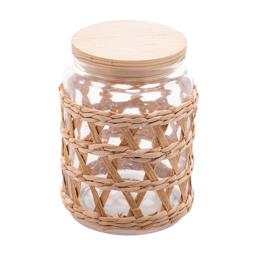 Pote Porta Mantimentos de Vidro Decorado C/Sisal e Tampa Hermética de Madeira 750ml Wolff