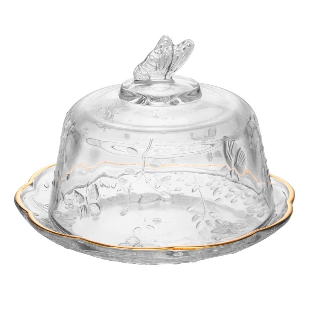 Queijeira de Cristal C/Tampa New Butterfly Transparente C/Fio de Ouro 19,5x12,5cm Lyor