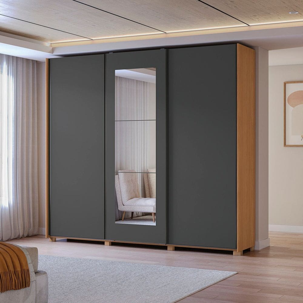 Guarda-roupa 3 Portas de Correr e 4 Gavetas com Espelhos e Pés Dormitorio Sliding Canela/Grafite
