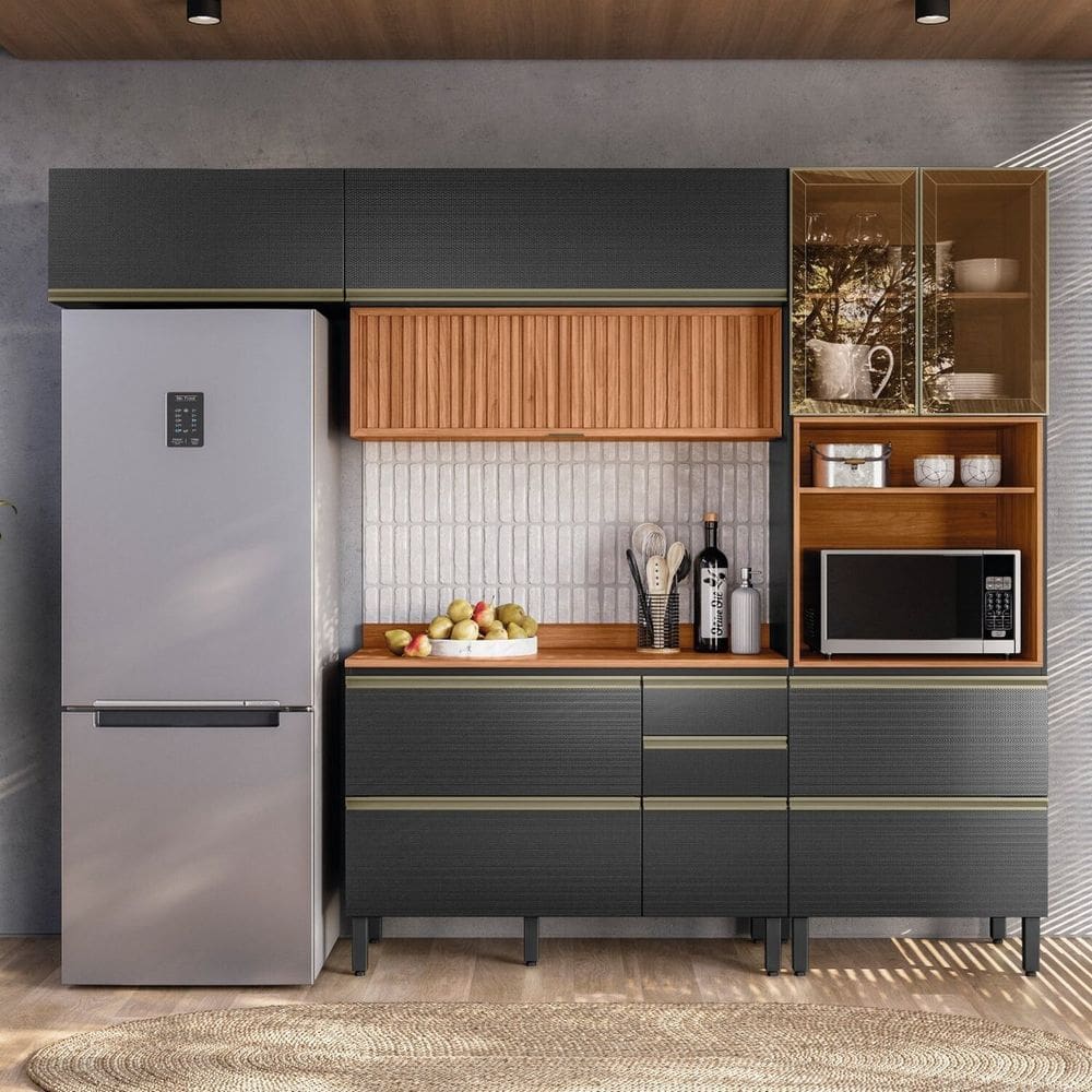 Cozinha Completa com Aéreo 4 Peças Mdf Proença Nogueira/Carbono Prime