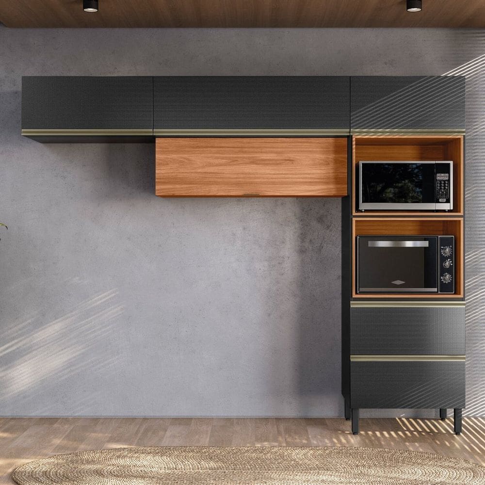 Cozinha Completa com Aéreo 3 Peças Mdf Proença Nogueira/Carbono Prime