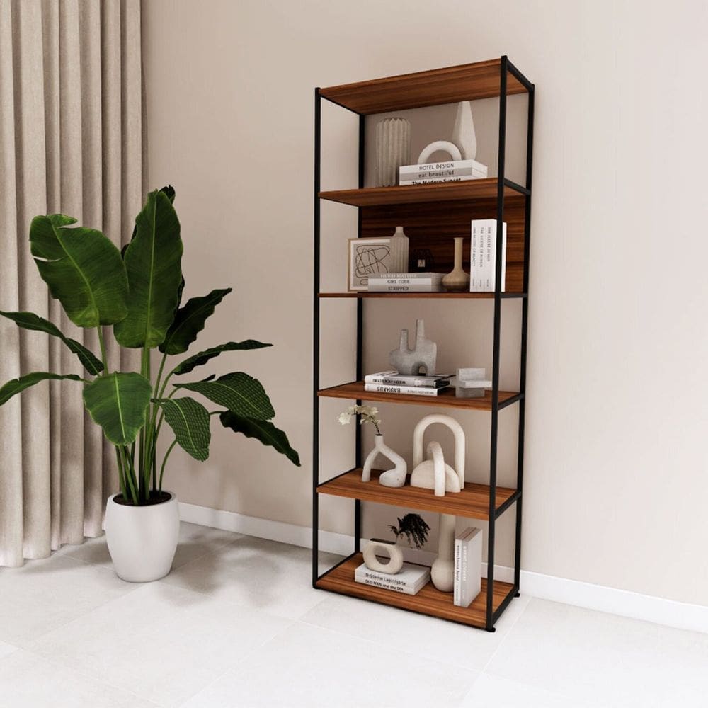 Estante Industrial em Metal 173cm 5 Prateleiras para Livros e Decoração Industrial Executive Nogal/Preto