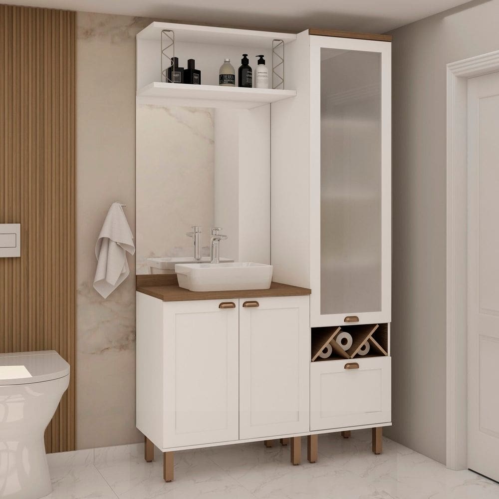 Conjunto de Banheiro Modulado 100% Mdf Americano 3 Peças com Armário de Vidro Iluminata Branco/Ébano