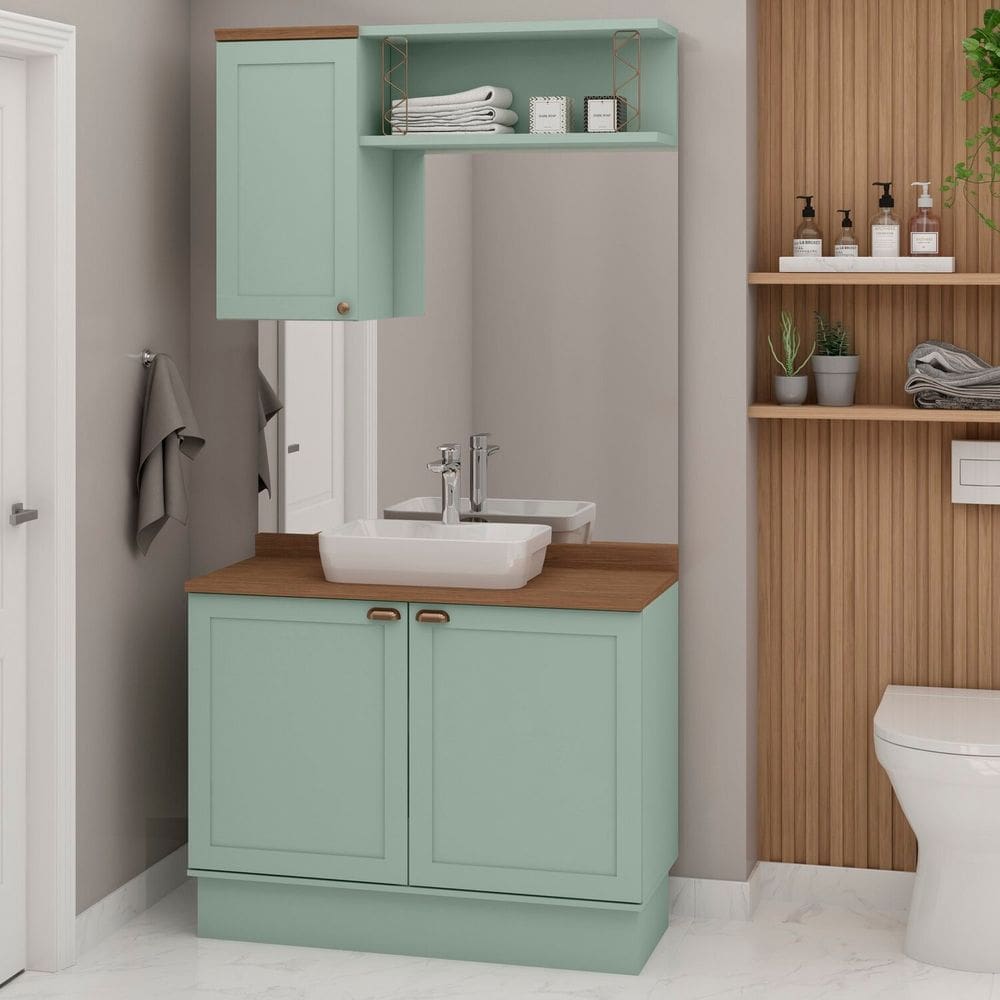 Conjunto de Banheiro Modulado 100% Mdf Americano 3 Peças Iluminata Mint/Ébano